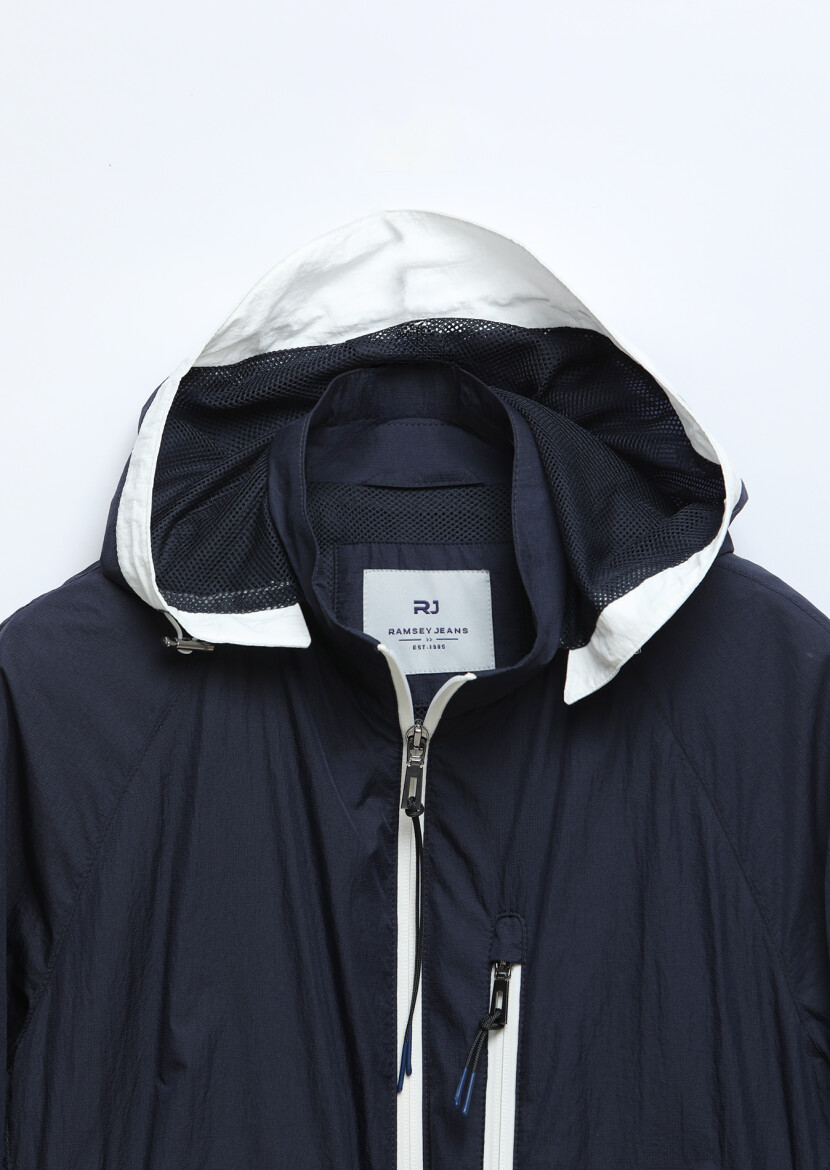 Navy Blue Regular Fit Hooded Denim Weaving Coat - 8