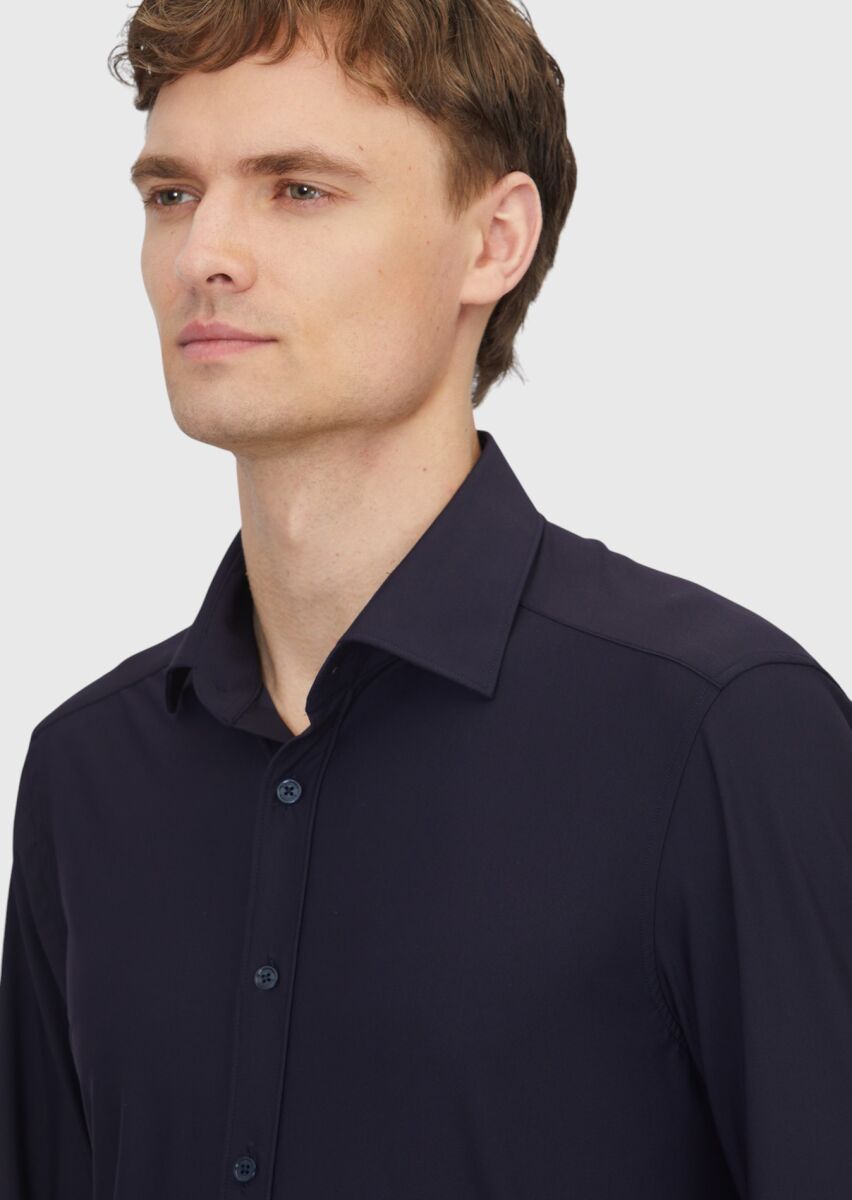 Navy Blue Regular Fit Knitting Classical Shirt - 3