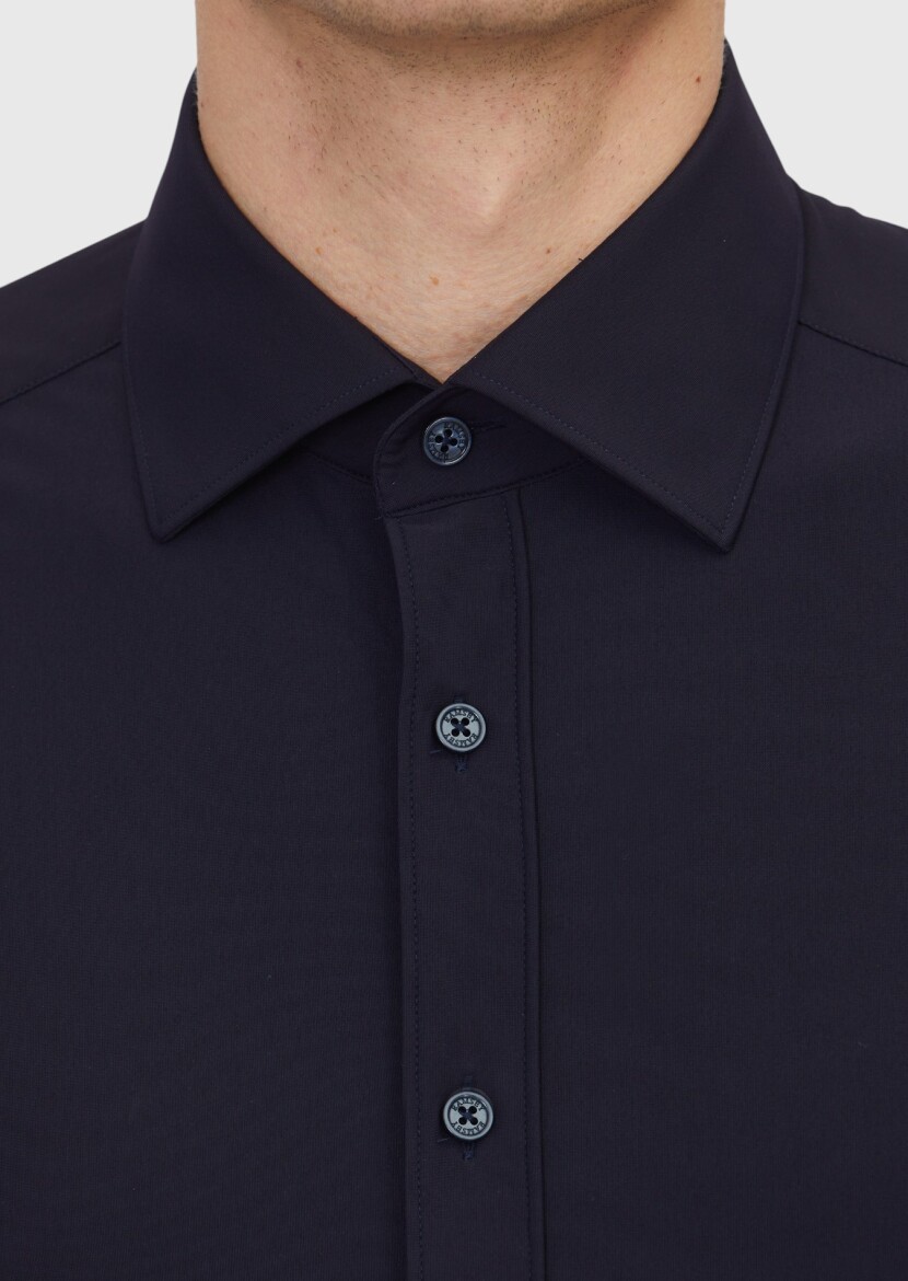 Navy Blue Regular Fit Knitting Classical Shirt - 5