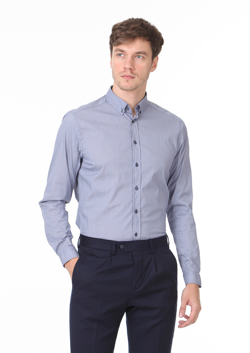 Navy Blue Regular Fit Long Weaving Casual 100% Cotton Shirt - 1