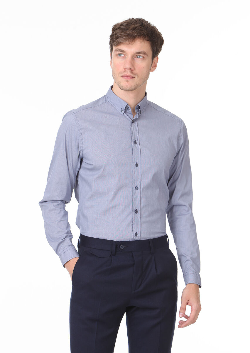 Navy Blue Regular Fit Long Weaving Casual 100% Cotton Shirt - 1