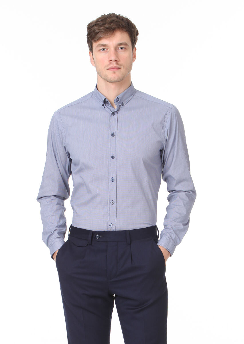 Navy Blue Regular Fit Long Weaving Casual 100% Cotton Shirt - 3