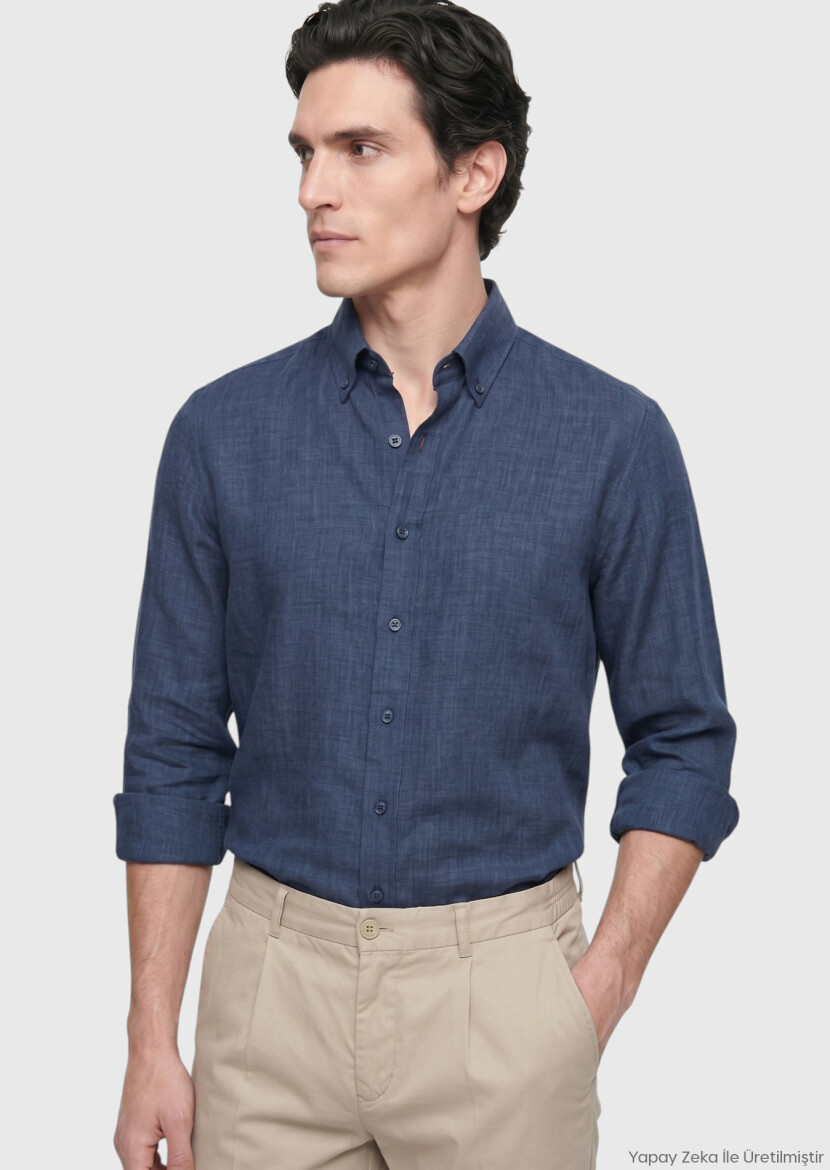 Navy Blue Regular Fit Long Weaving Casual 100% Linen Shirt - RAMSEY