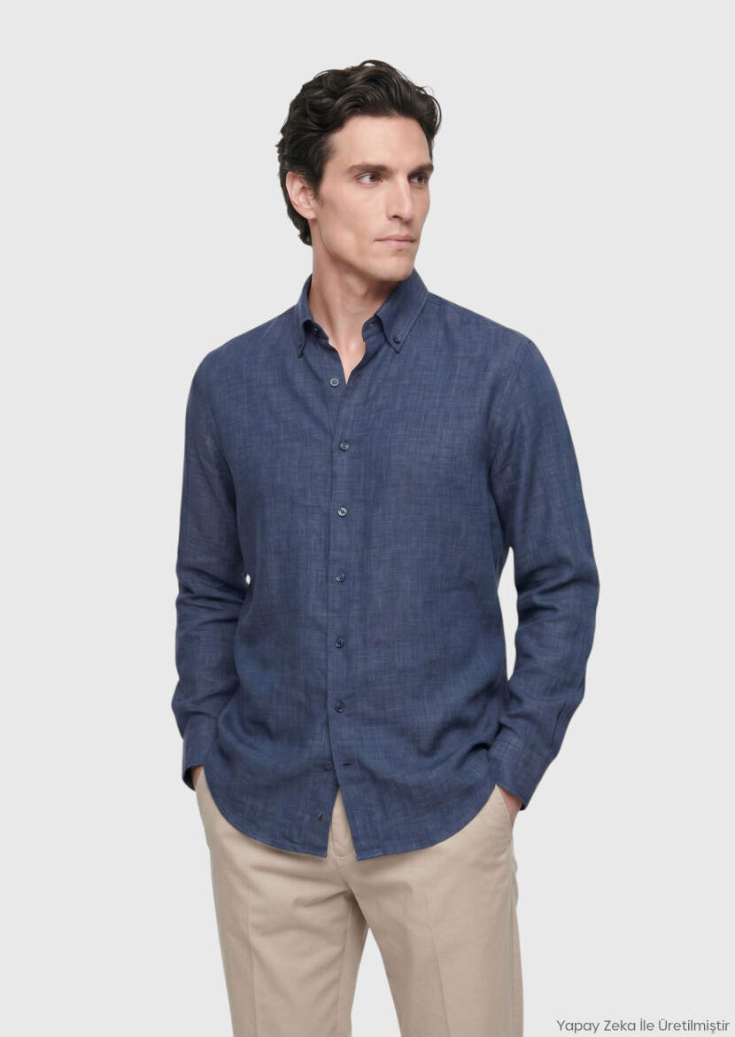 Navy Blue Regular Fit Long Weaving Casual 100% Linen Shirt - RAMSEY