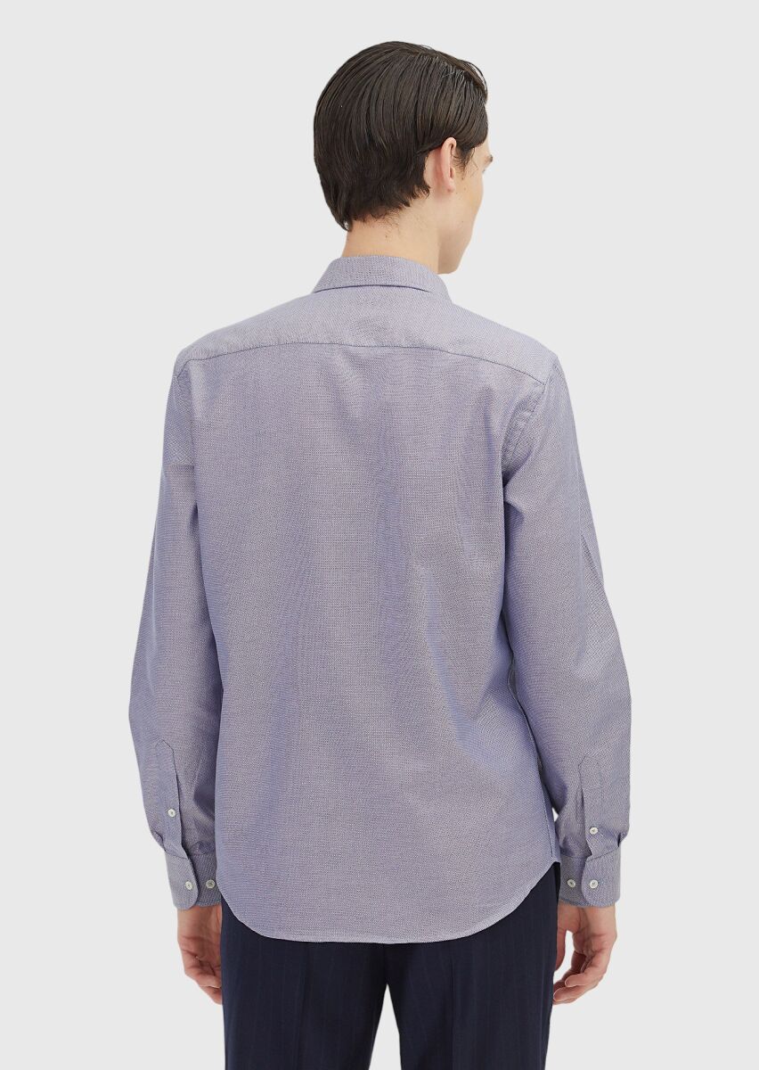 Navy Blue Regular Fit Long Weaving Classical 100% Cotton Shirt - 5