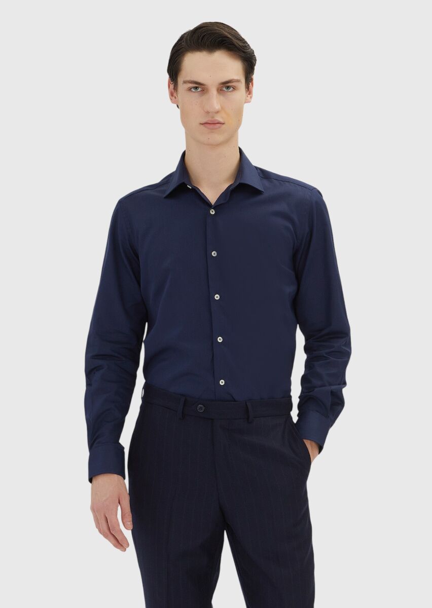 Navy Blue Regular Fit Long Weaving Classical 100% Cotton Shirt - 1
