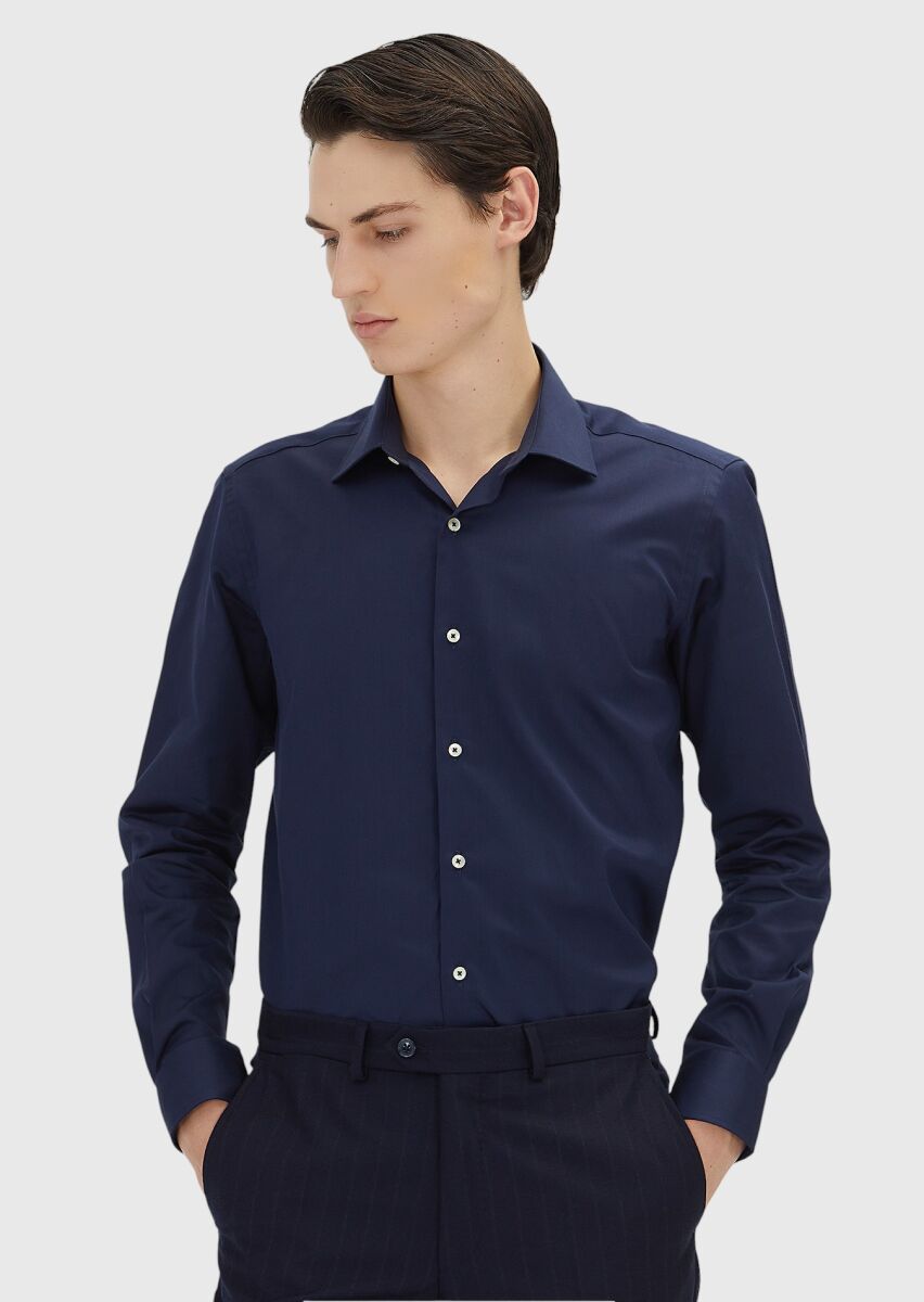 Navy Blue Regular Fit Long Weaving Classical 100% Cotton Shirt - 2