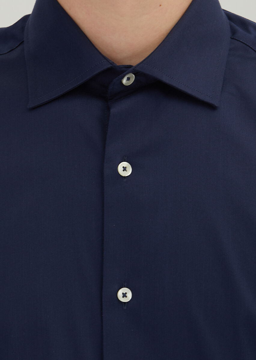 Navy Blue Regular Fit Long Weaving Classical 100% Cotton Shirt - 3