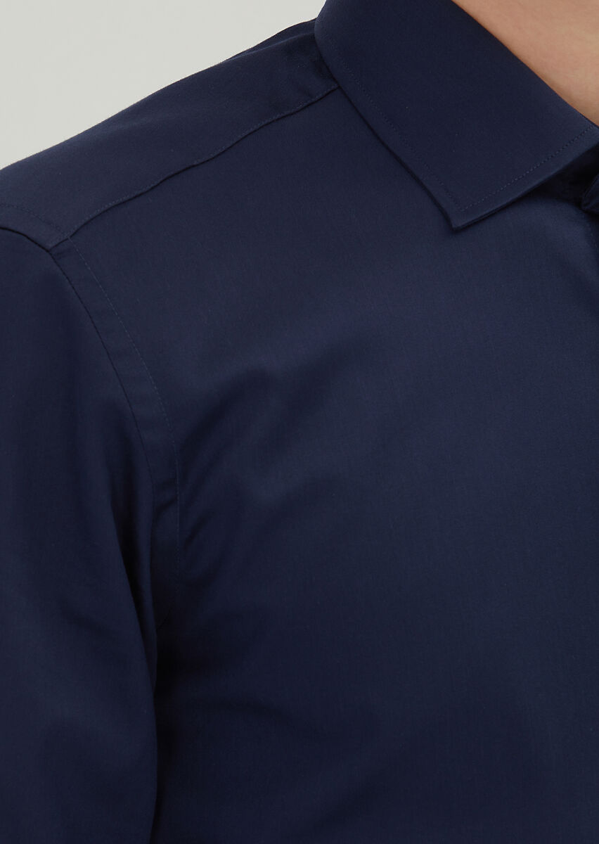 Navy Blue Regular Fit Long Weaving Classical 100% Cotton Shirt - 4