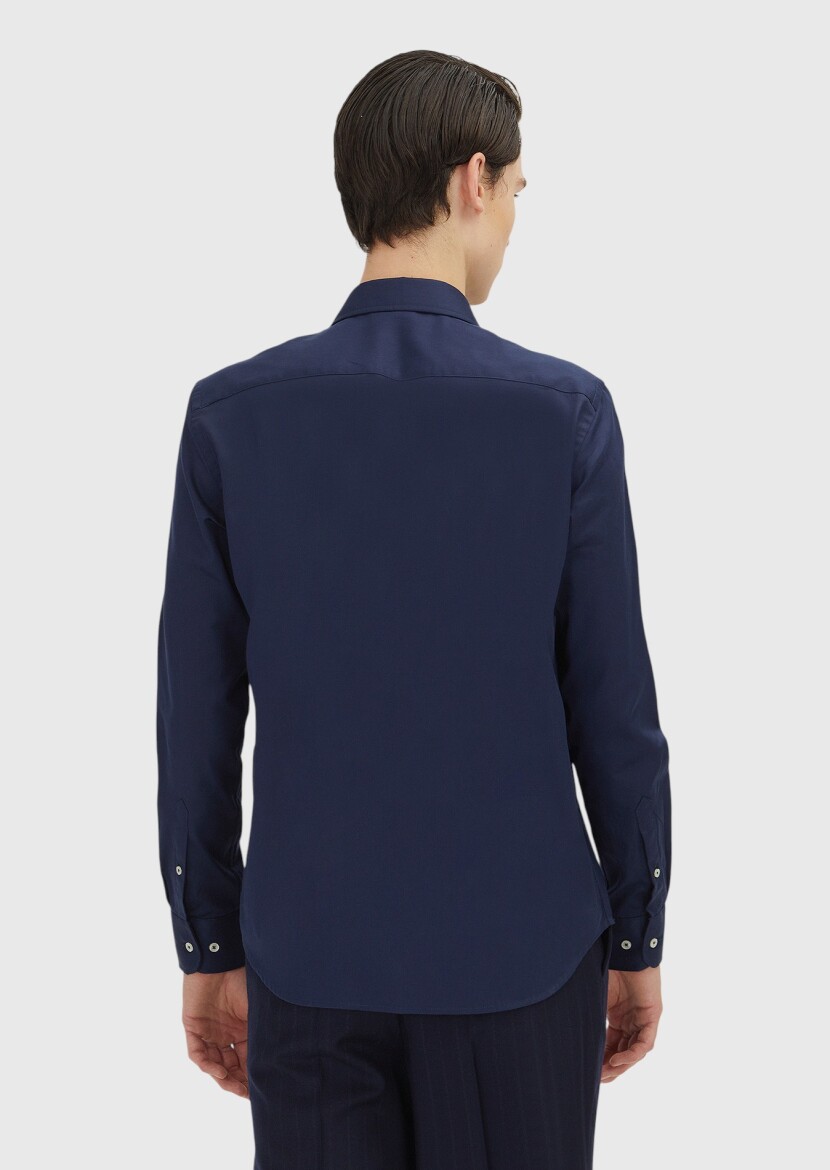 Navy Blue Regular Fit Long Weaving Classical 100% Cotton Shirt - 5