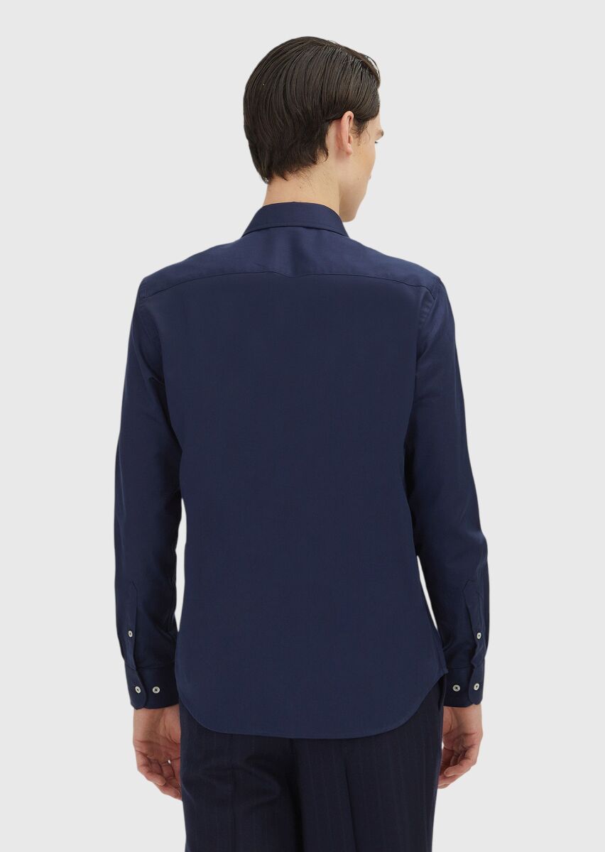 Navy Blue Regular Fit Long Weaving Classical 100% Cotton Shirt - 5