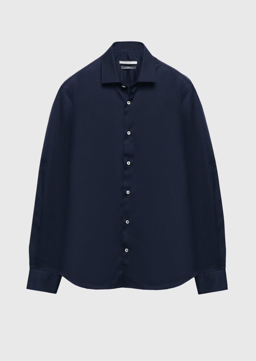 Navy Blue Regular Fit Long Weaving Classical 100% Cotton Shirt - 6