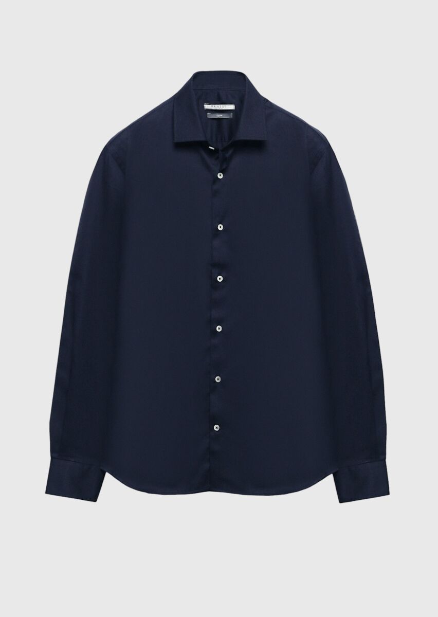 Navy Blue Regular Fit Long Weaving Classical 100% Cotton Shirt - 6