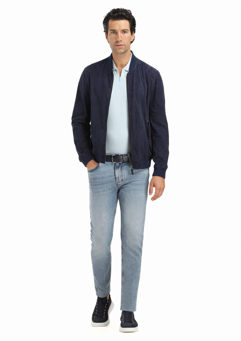 Navy Blue Regular Fit Mandarin Collar Casual Suede Leather Coat - 1