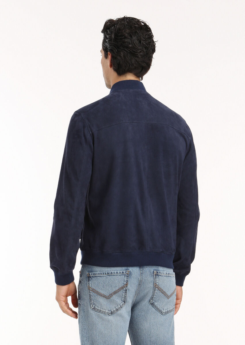 Navy Blue Regular Fit Mandarin Collar Casual Suede Leather Coat - 5