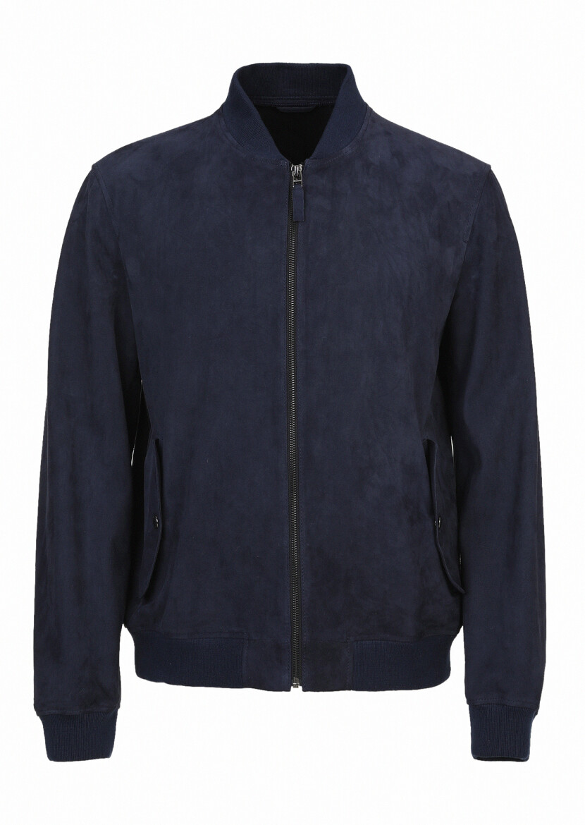 Navy Blue Regular Fit Mandarin Collar Casual Suede Leather Coat - 6