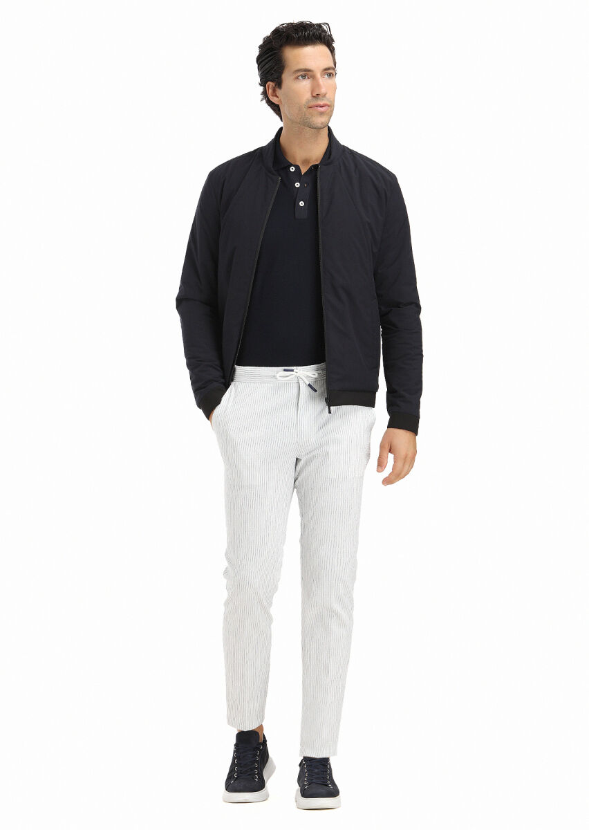 Navy Blue Regular Fit Mandarin Collar Casual Weaving Coat - 1