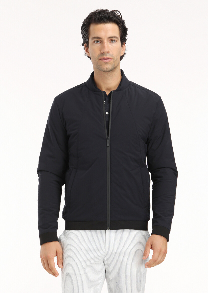 Navy Blue Regular Fit Mandarin Collar Casual Weaving Coat - 2