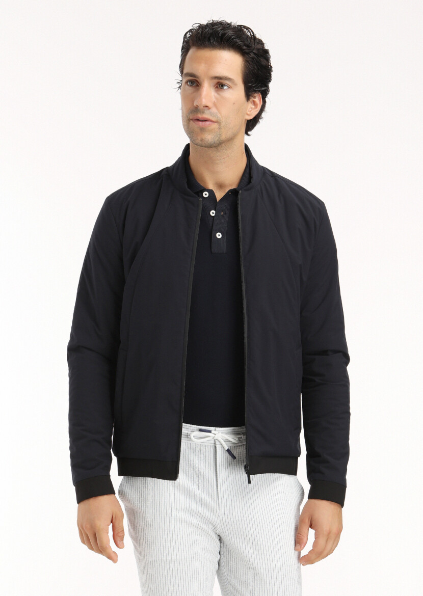 Navy Blue Regular Fit Mandarin Collar Casual Weaving Coat - 3