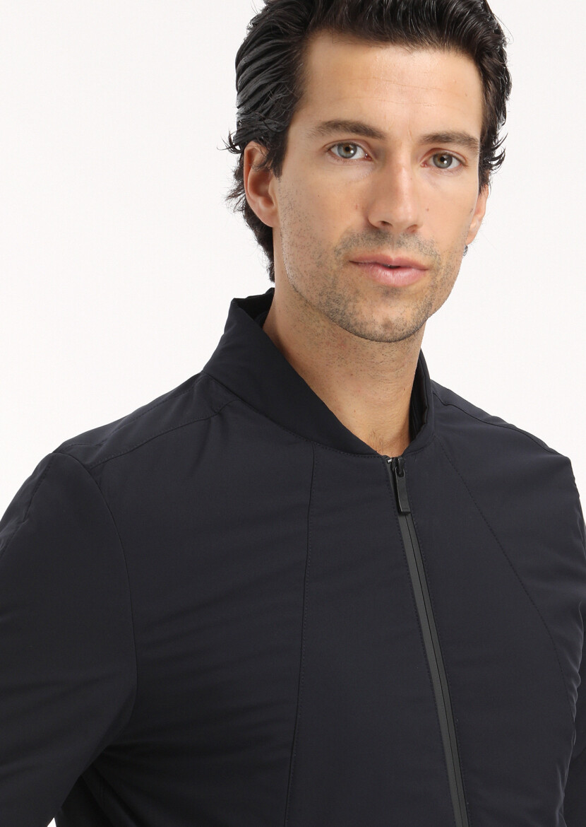 Navy Blue Regular Fit Mandarin Collar Casual Weaving Coat - 4