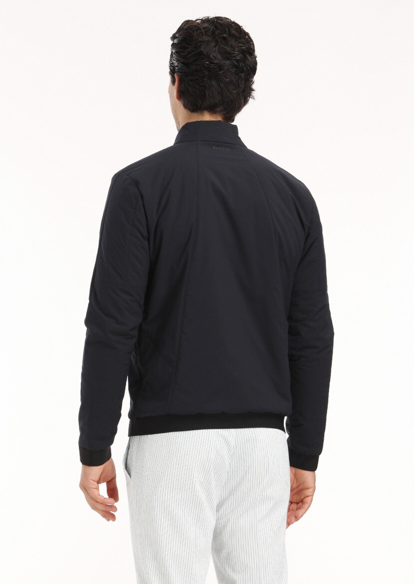 Navy Blue Regular Fit Mandarin Collar Casual Weaving Coat - 5