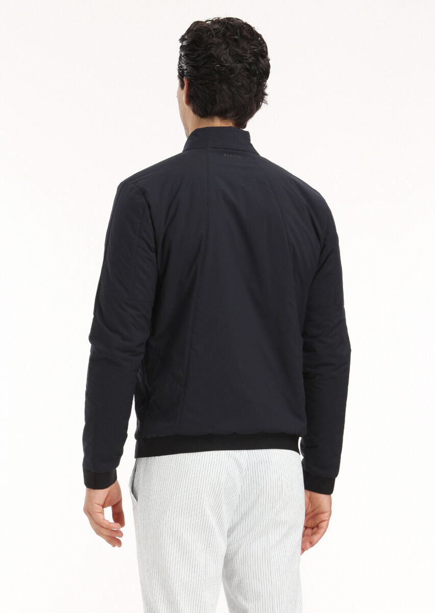 Navy Blue Regular Fit Mandarin Collar Casual Weaving Coat - 5