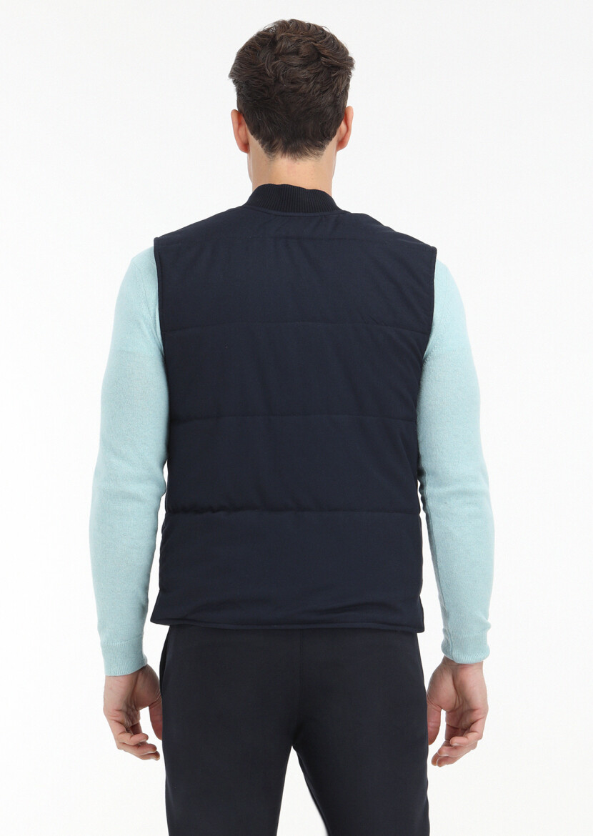 Navy Blue Regular Fit Mandarin Collar Casual Weaving Puffer Vest - 4