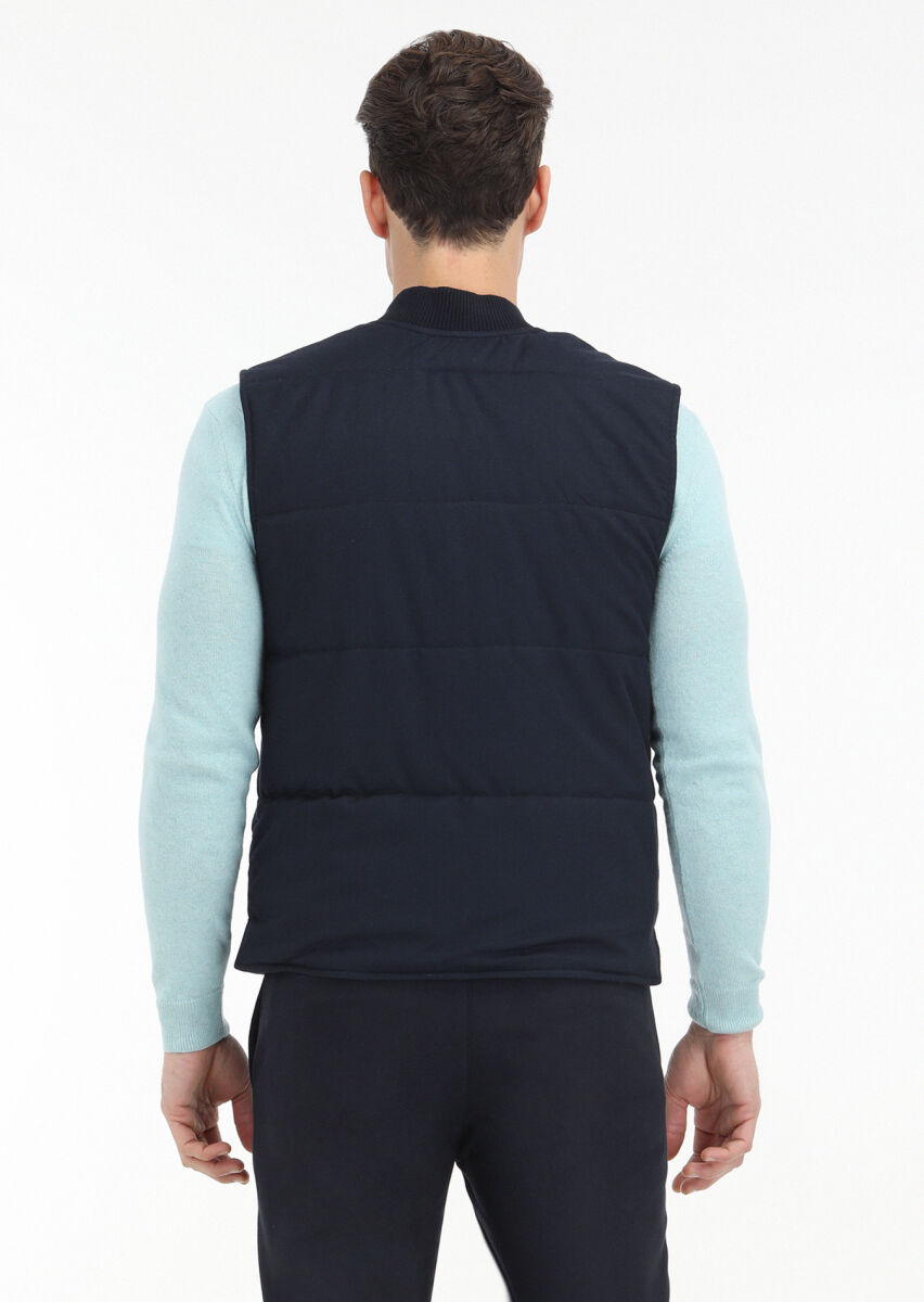 Navy Blue Regular Fit Mandarin Collar Casual Weaving Puffer Vest - 4