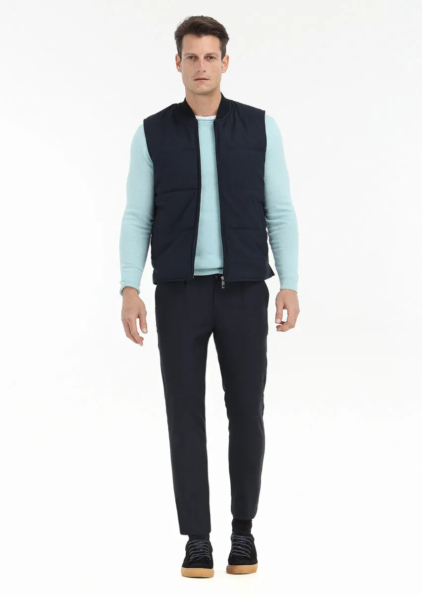 Navy Blue Regular Fit Mandarin Collar Casual Weaving Puffer Vest - 1