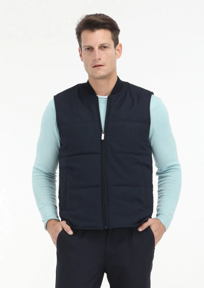 Navy Blue Regular Fit Mandarin Collar Casual Weaving Puffer Vest - 2