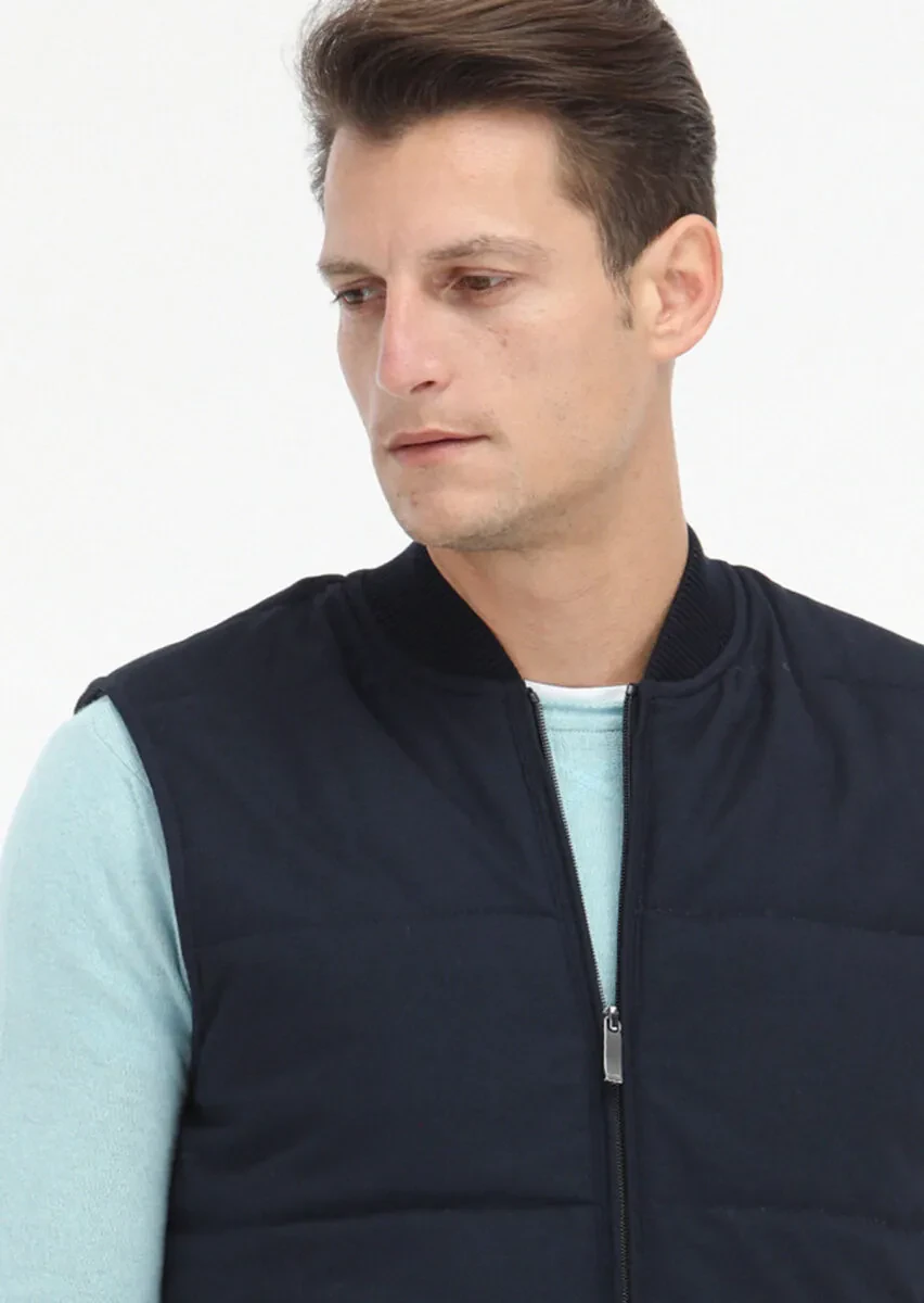 Navy Blue Regular Fit Mandarin Collar Casual Weaving Puffer Vest - 3