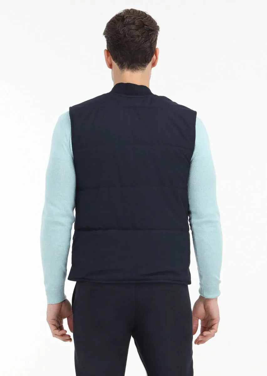 Navy Blue Regular Fit Mandarin Collar Casual Weaving Puffer Vest - 4