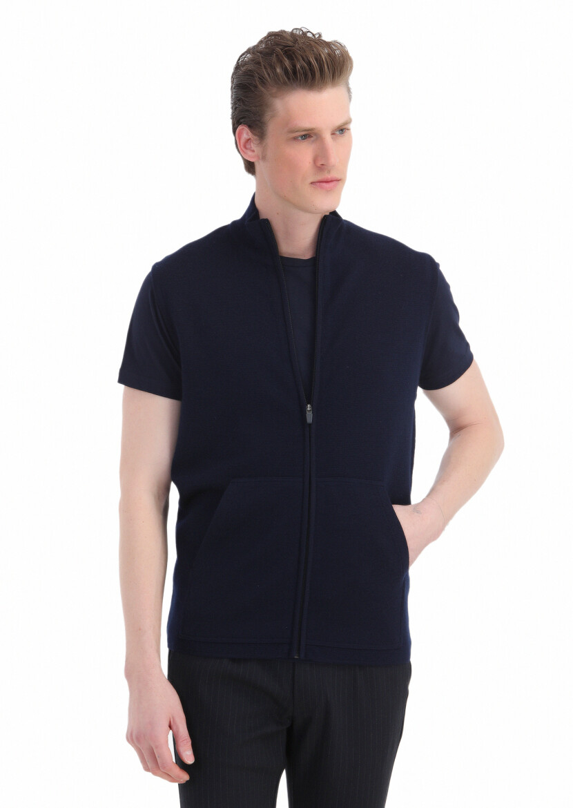 Navy Blue Regular Fit Mock-Turtleneck Casual Knitting Knit Vest - 1