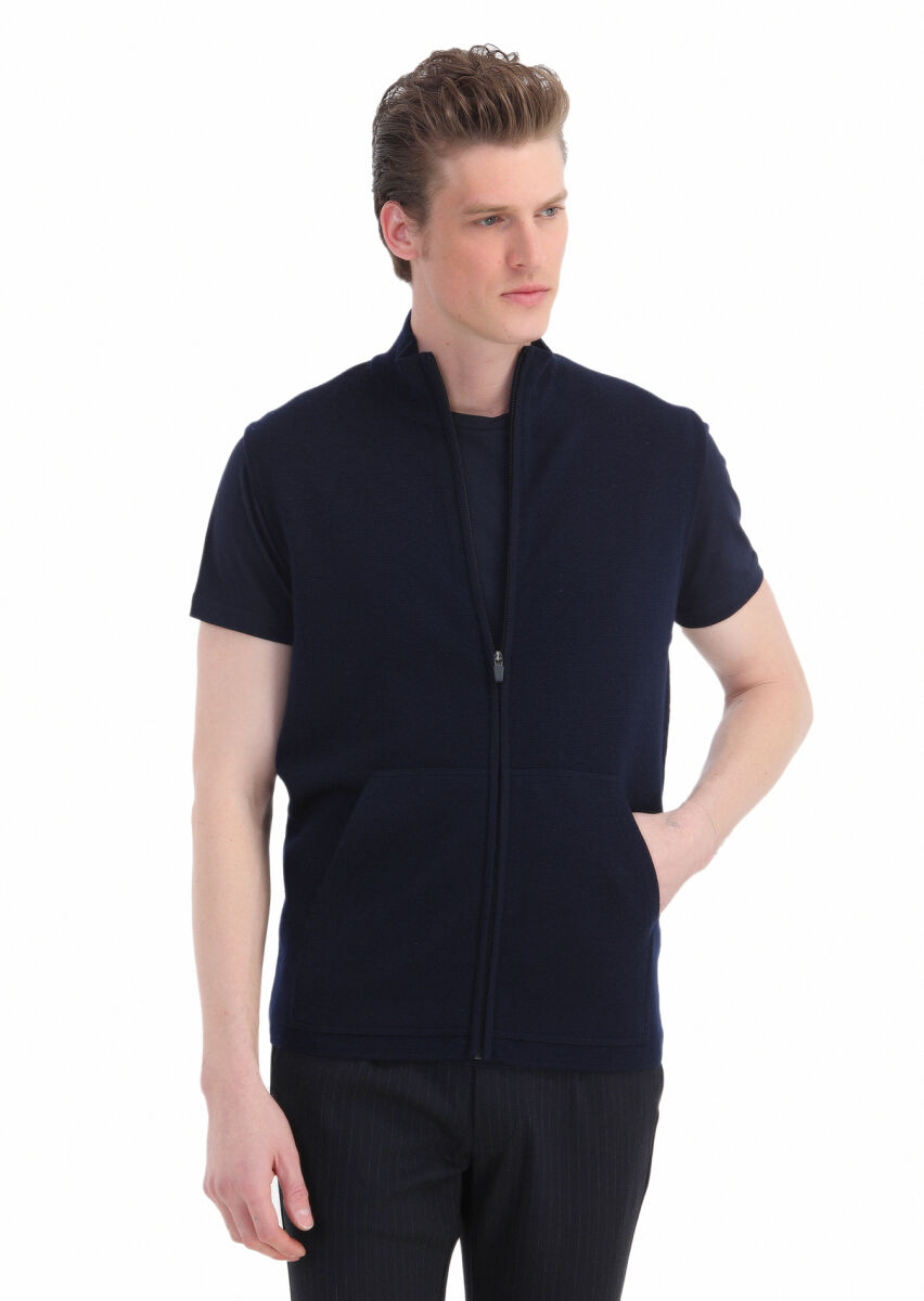 Navy Blue Regular Fit Mock-Turtleneck Casual Knitting Knit Vest - 1
