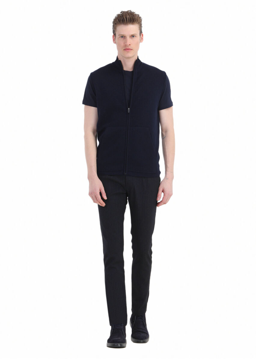 Navy Blue Regular Fit Mock-Turtleneck Casual Knitting Knit Vest - 2