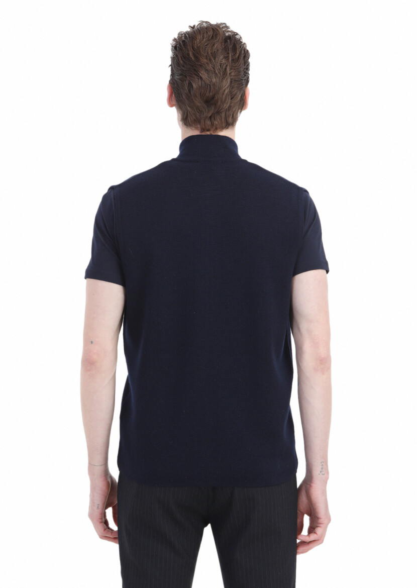 Navy Blue Regular Fit Mock-Turtleneck Casual Knitting Knit Vest - 5