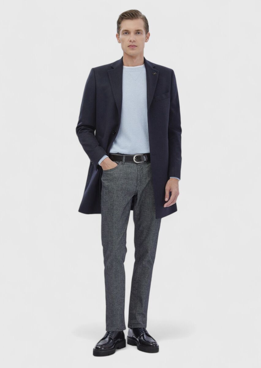 Navy Blue Regular Fit Shawl Collar Classical Weaving Overcoat - 4