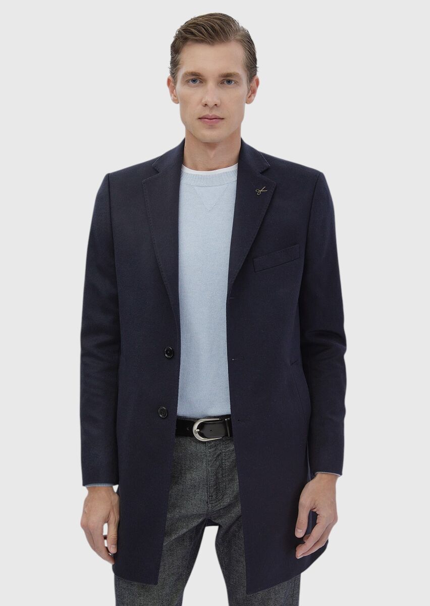 Navy Blue Regular Fit Shawl Collar Classical Weaving Overcoat - 5