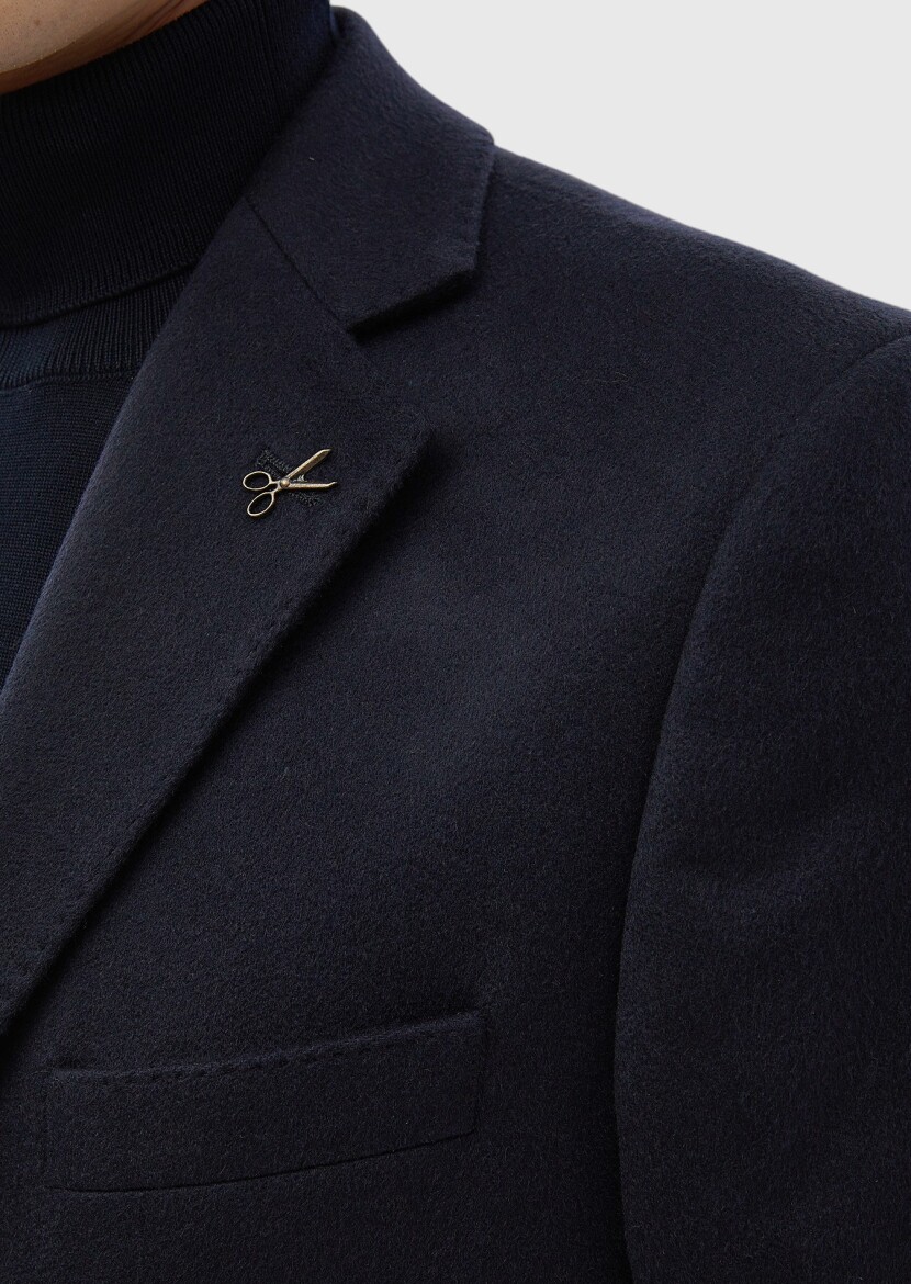 Navy Blue Regular Fit Shawl Collar Classical Weaving Overcoat - 9