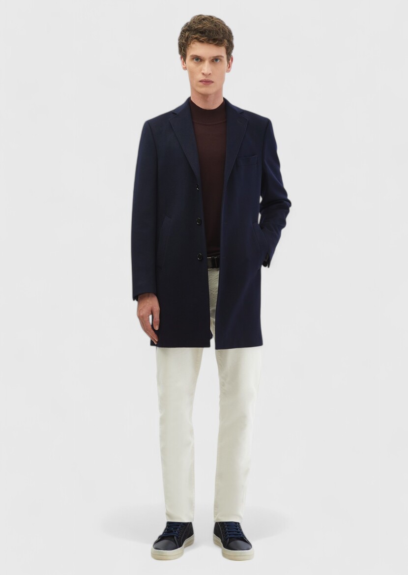 Navy Blue Regular Fit Shawl Collar Classical Weaving Overcoat - RAMSEY