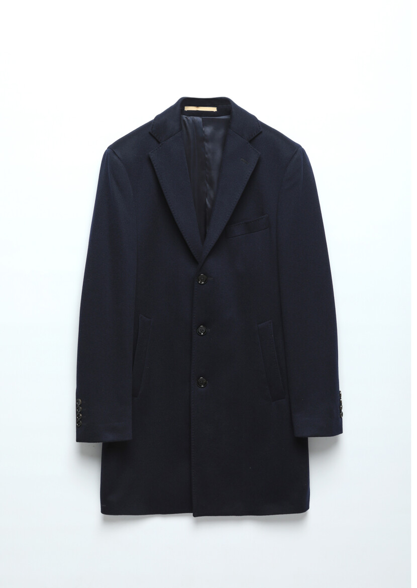 Navy Blue Regular Fit Shawl Collar Classical Weaving Overcoat - 7