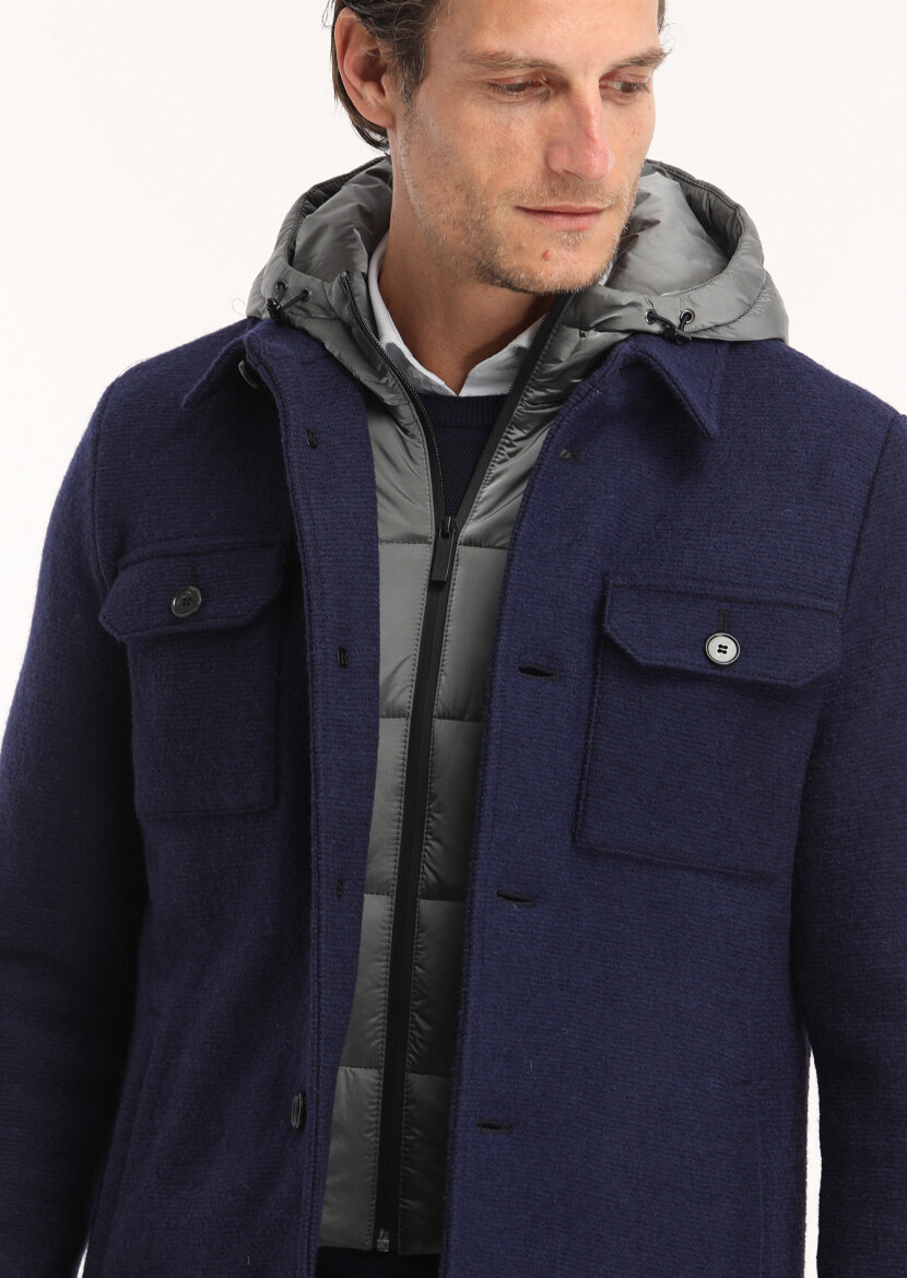 Navy Blue Regular Fit Shirt Collar Casual Knitting Removable Hood Coat 