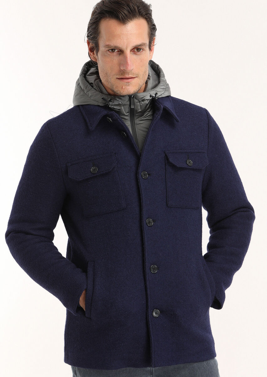 Navy Blue Regular Fit Shirt Collar Casual Knitting Removable Hood Coat - 3