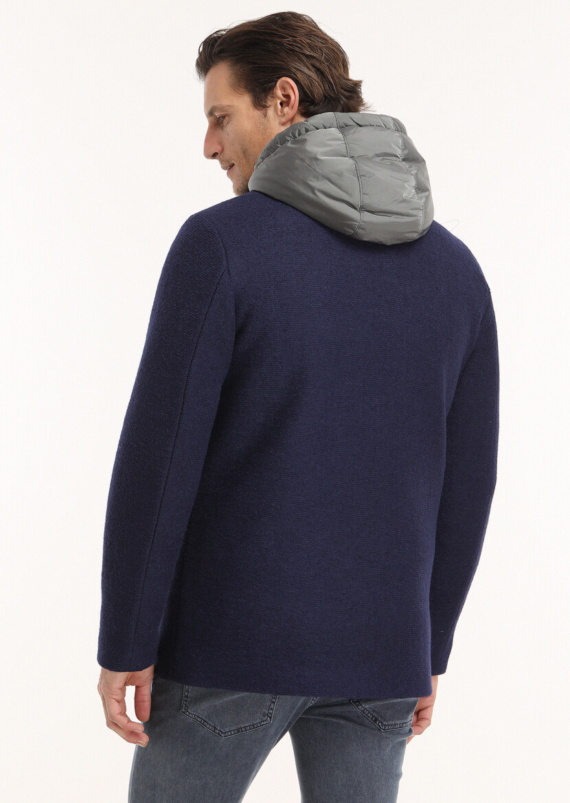 Navy Blue Regular Fit Shirt Collar Casual Knitting Removable Hood Coat - 5