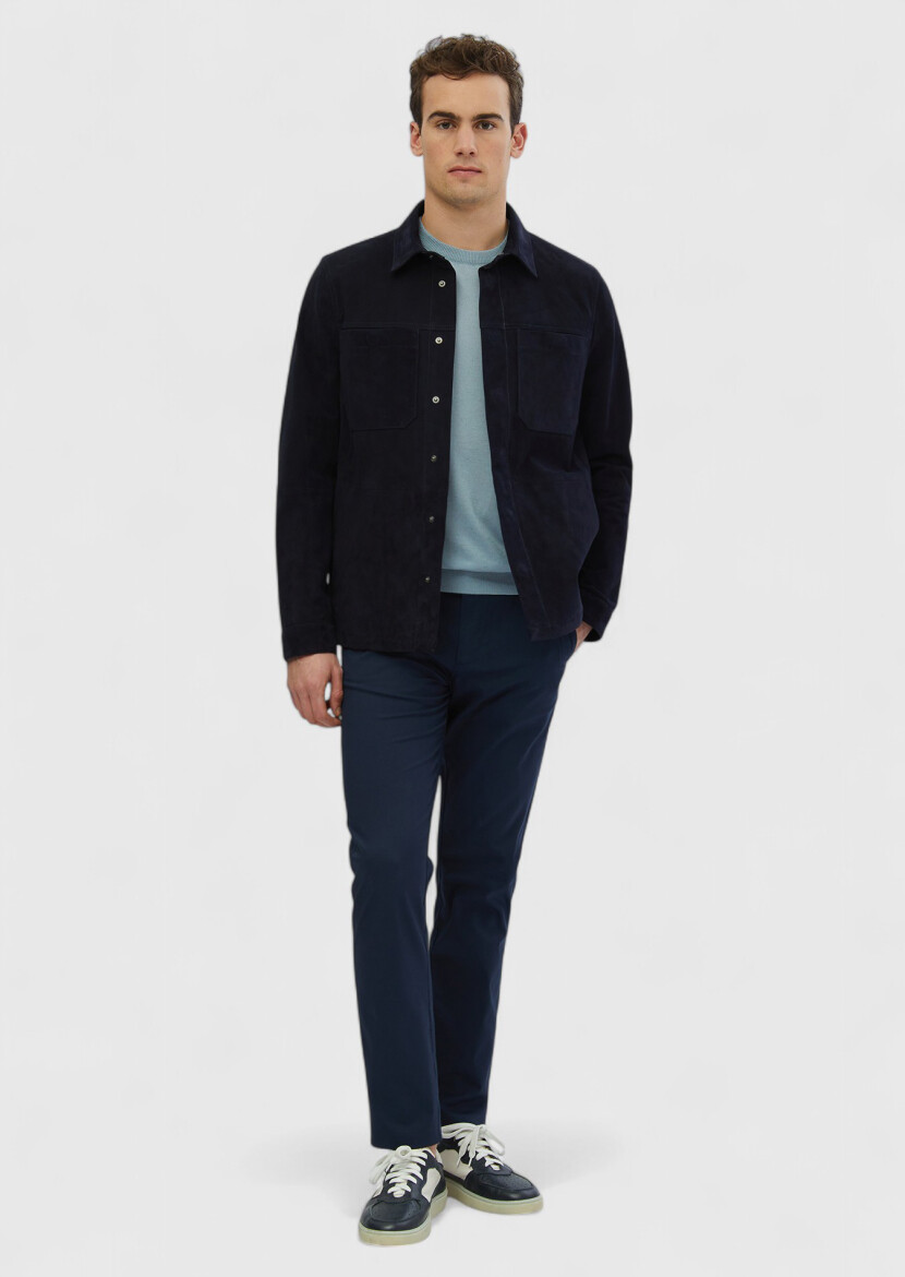 Navy Blue Regular Fit Shirt Collar Casual Leather Coat - RAMSEY