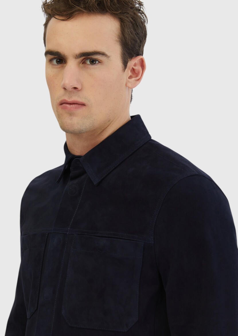 Navy Blue Regular Fit Shirt Collar Casual Leather Coat - 3