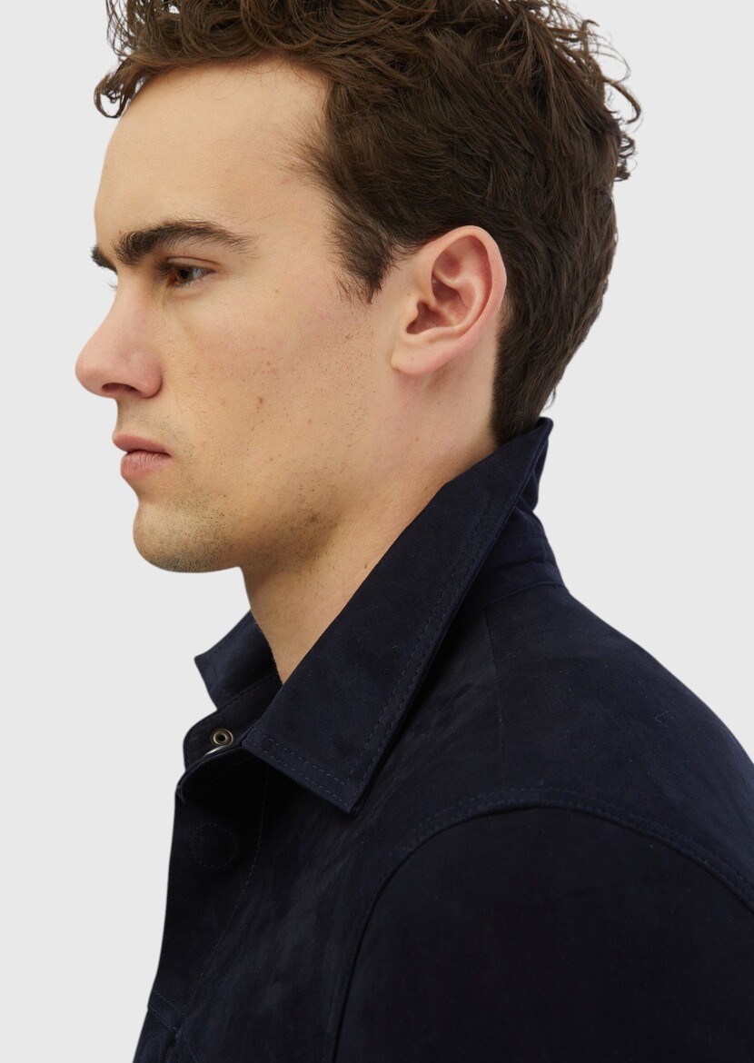 Navy Blue Regular Fit Shirt Collar Casual Leather Coat - 4