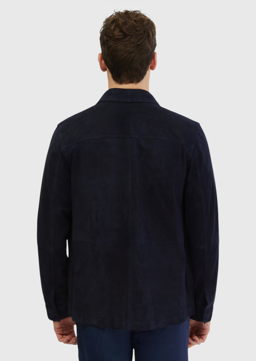 Navy Blue Regular Fit Shirt Collar Casual Leather Coat - 5