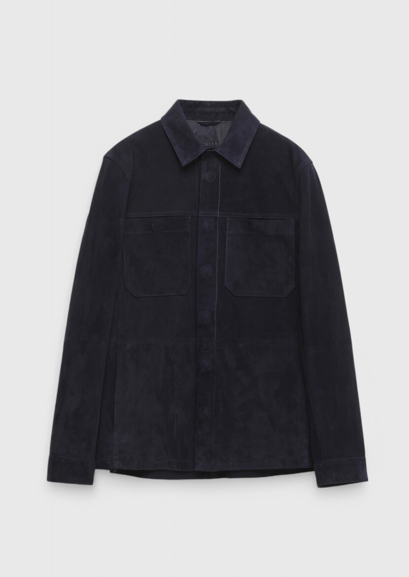 Navy Blue Regular Fit Shirt Collar Casual Leather Coat - 6