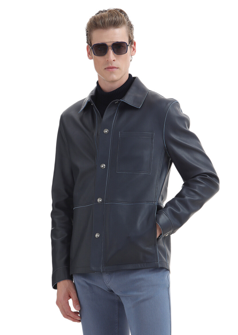 Navy Blue Regular Fit Shirt Collar Casual Suede Leather Coat - 3
